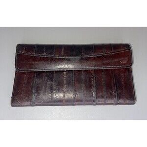 Vintage 70s Brown Eel Skin Leather Bi-Fold Wallet Checkbook Retro